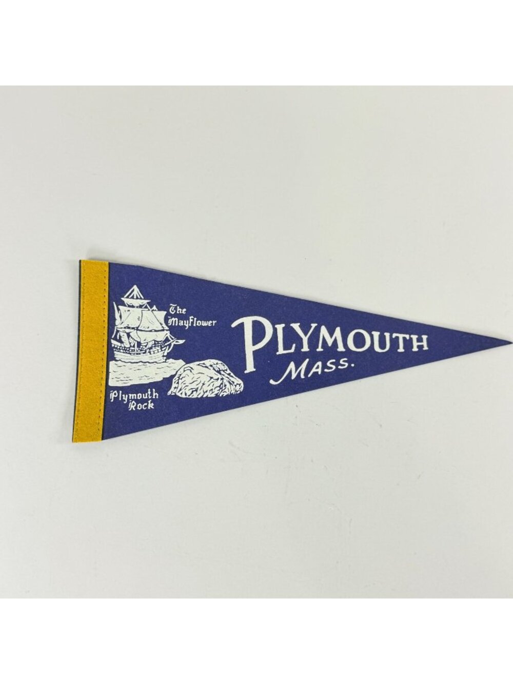 Vintage Plymouth Mass Felt Pennant With Mayflower Plymouth Rock 13" Blue Yellow